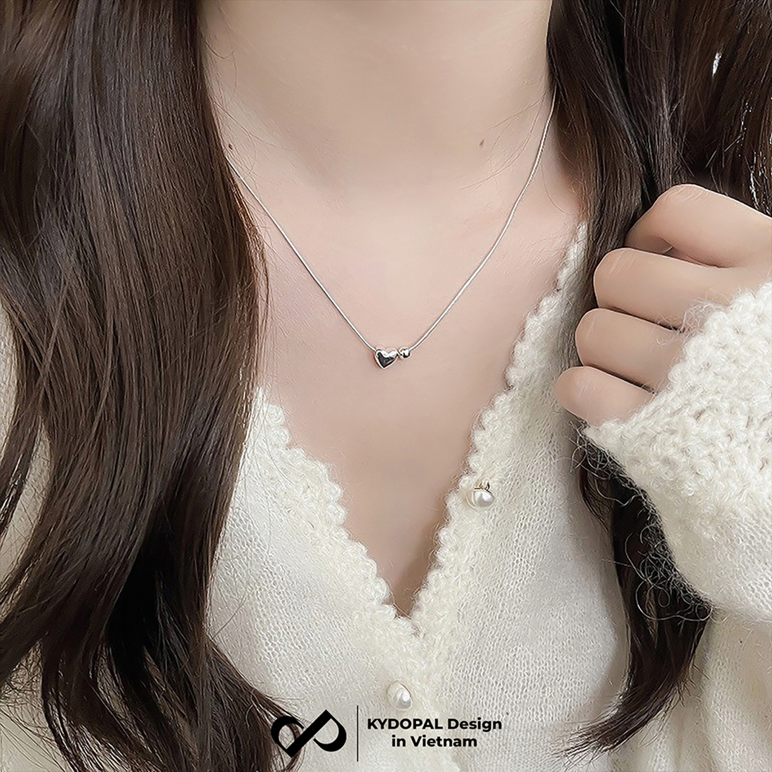 Dây chuyền bạc nữ KYDOPAL sợi mì tròn dày mặt tim phồng bóng trơn mix bi trơn 4mm xinh xắn - PAL9C3C7