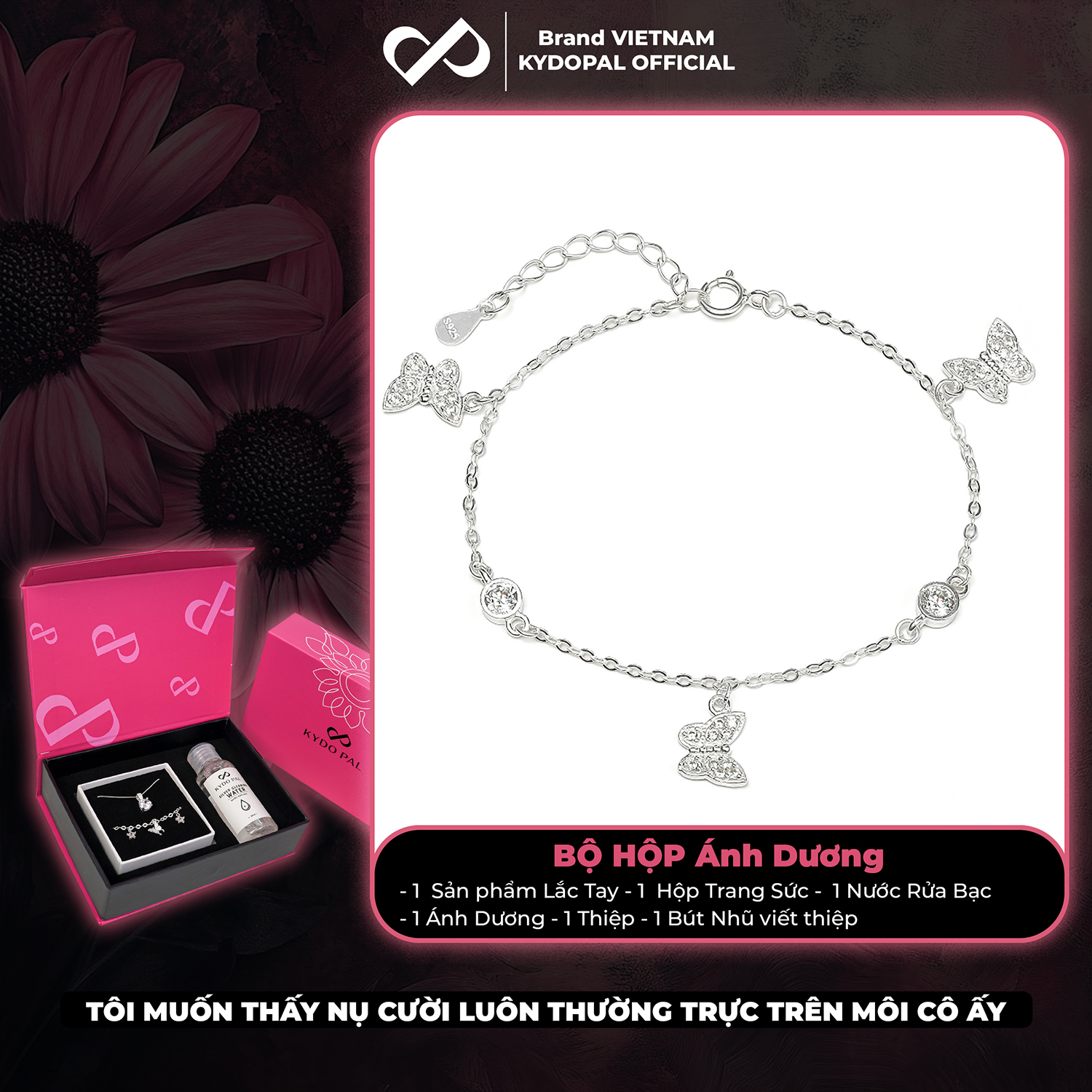 Lắc tay bạc nữ KYDOPAL treo ba charm hồ điệp cá tính đính đá mix ổ đá tròn dễ thương - PAL9C8L15