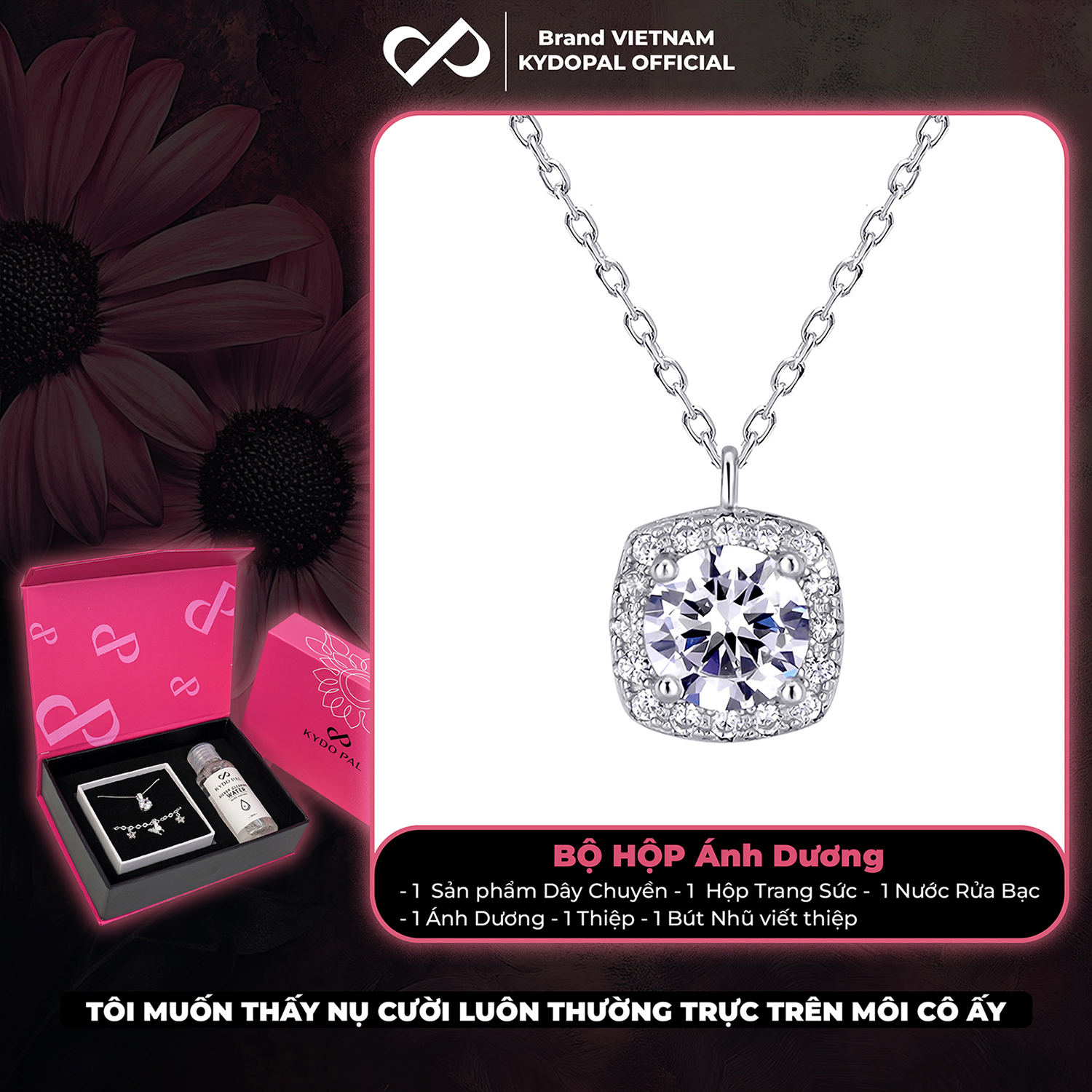 Dây chuyền bạc nữ KYDOPAL mặt vuông cá tính đính đá cao cấp trang sức bạc 925 - PAL9C3C25