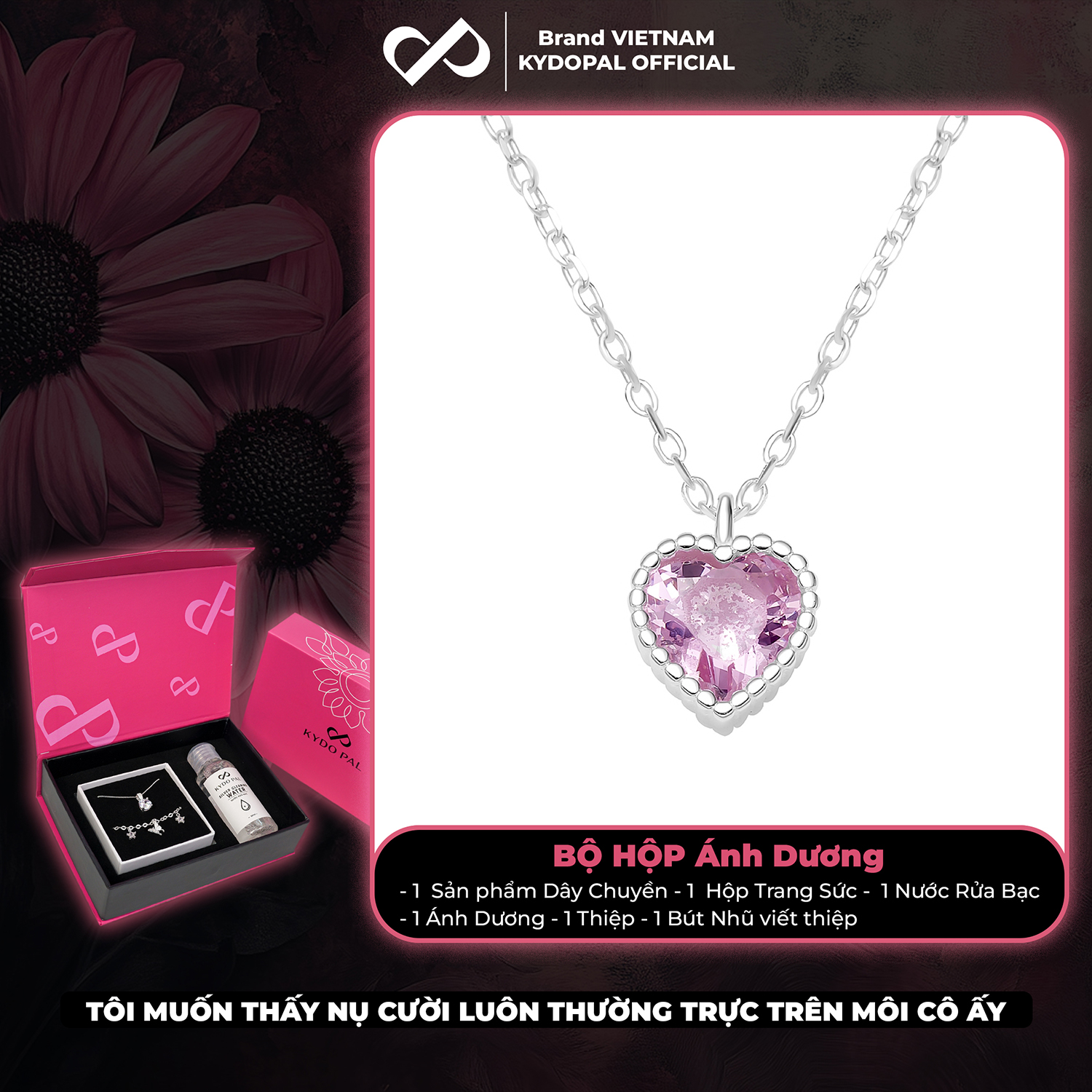 Dây chuyền bạc nữ KYDOPAL mẫu cá tính hạt mix mặt tim hồng blink lấp lánh trang sức 925 - PAL9C3C67