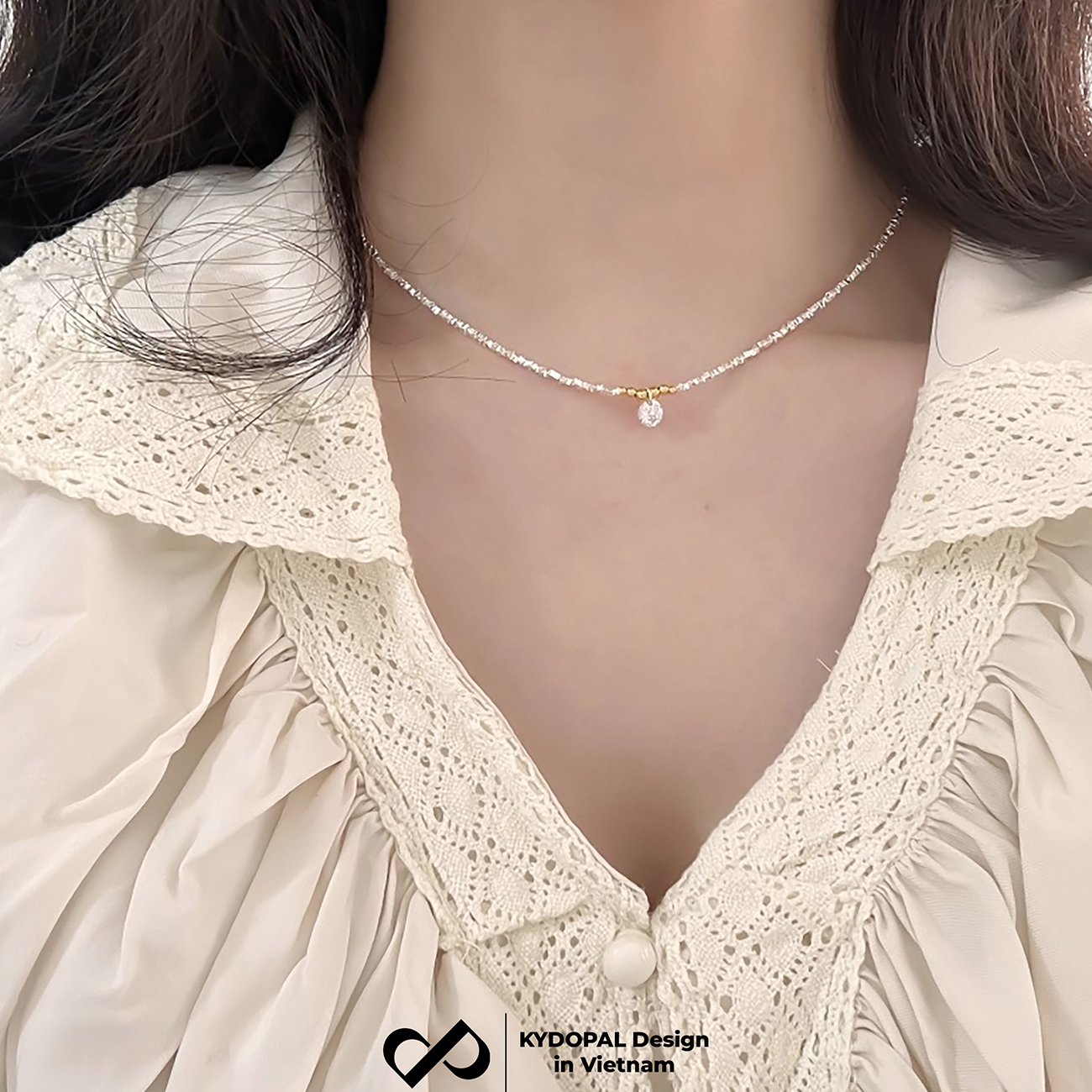 Dây chuyền bạc nữ KYDOPAL hạt bạc vỡ mix charm bi vàng treo đá 8mm sáng trang sức 925 - PAL9C3C37