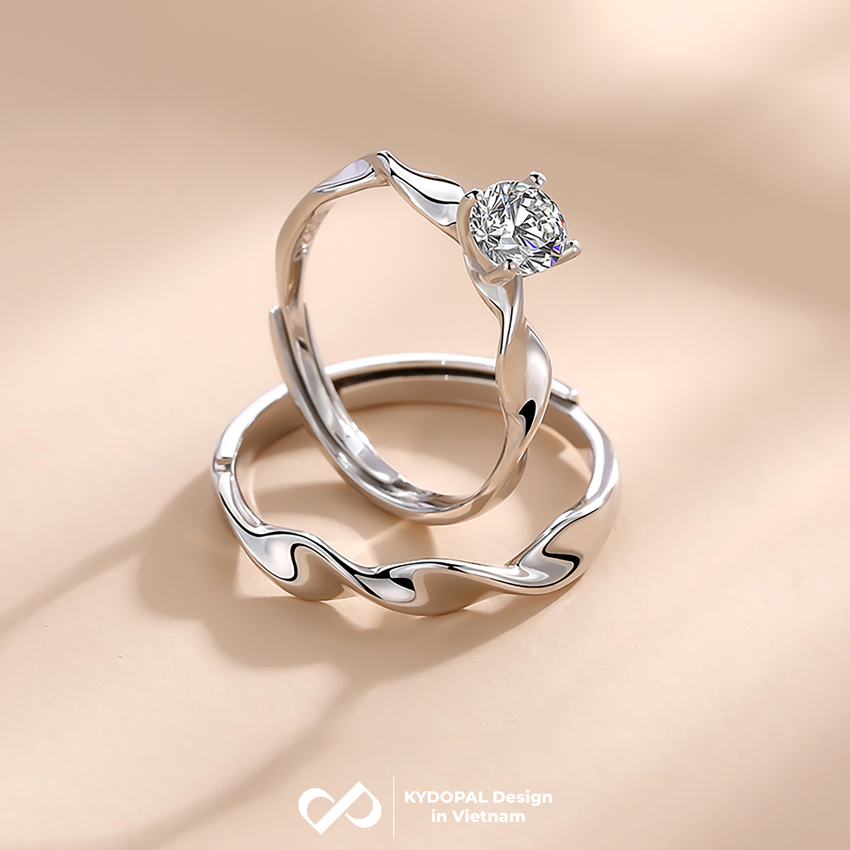 Nhẫn đôi bạc KYDOPAL đeo nam nữ cá tính FREESIZE sóng TRUE LOVE trơn cá tính - PAL9C3N12