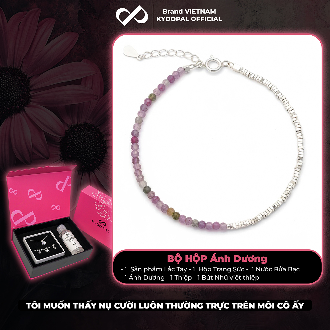 Lắc tay bạc nữ KYDOPAL vòng tay tuamaline hạt đá tròn màu sắc mix hạt bạc vỡ nhẹ nhàng - PAL9C3L24