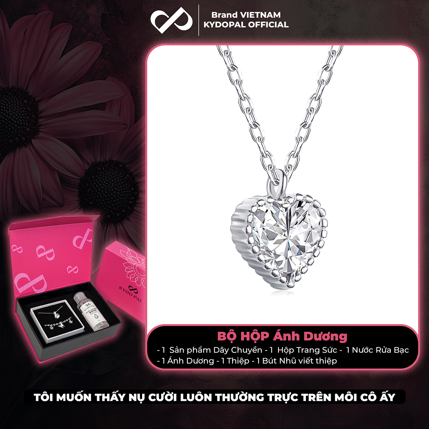 Dây chuyền bạc nữ KYDOPAL mặt trái tim đính đá viền cao cấp trang sức bạc 925 - PAL9C3C12