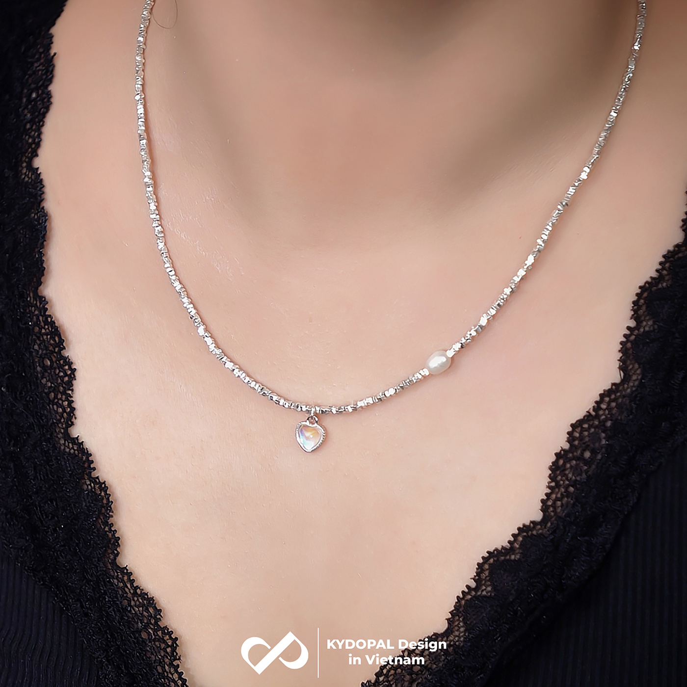 Dây chuyền bạc nữ KYDOPAL vòng cổ trái tim đá moon ánh xanh hạt vỡ nữ trang sức bạc 925 - PAL9C3C36
