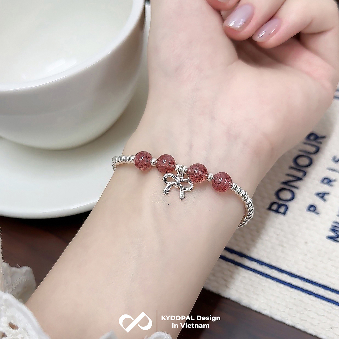 Lắc tay bạc nữ KYDOPAL bi bạc tròn charm nơ thắt trơn mix đá thạch anh dâu hồng đá phong thủy tự nhiên - PAL9C8L8
