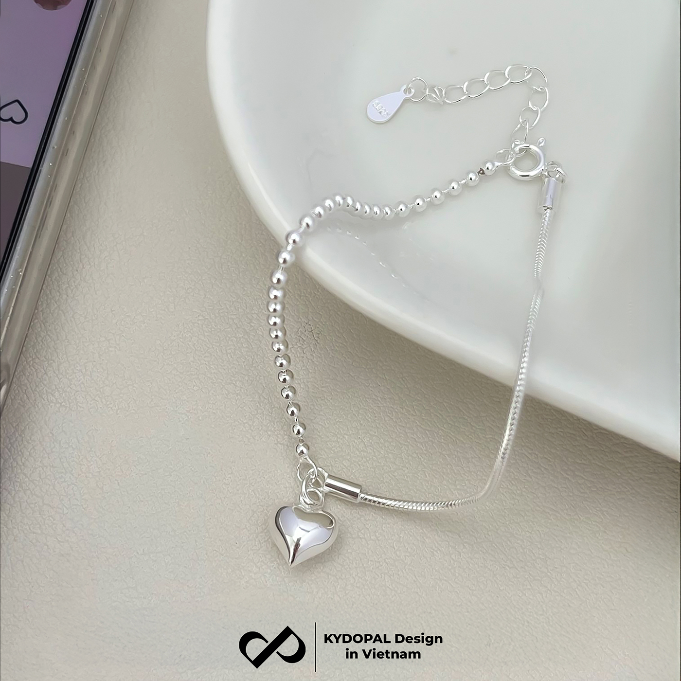Lắc tay bạc nữ KYDOPAL vòng tay trái tim phồng treo dây mì bi chắc chắn trang sức 925 - PAL9C12L16