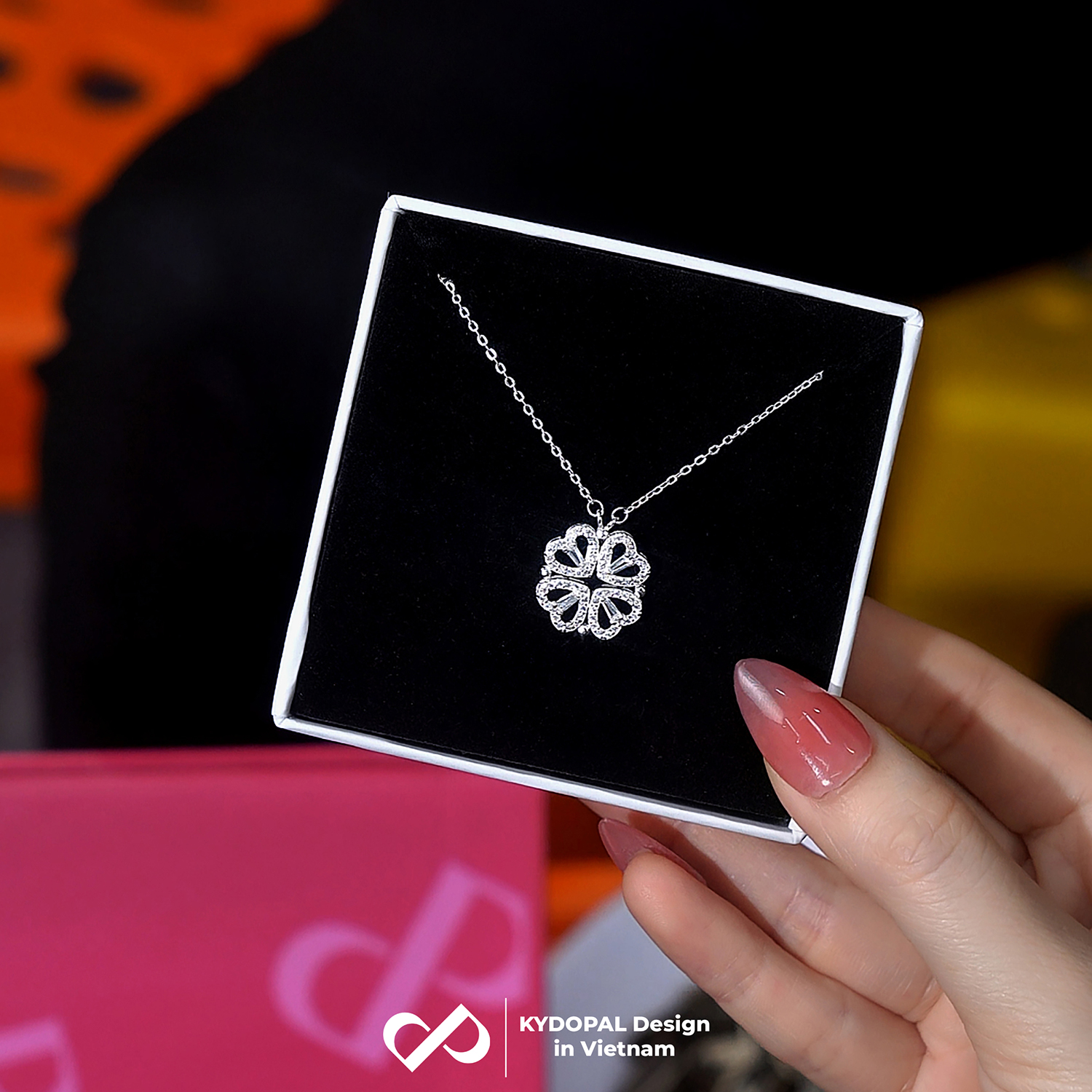 Dây chuyền bạc nữ KYDOPAL mẫu cỏ bốn 4 lá cá tính đá ghép hai trái tim trang sức 925 - PAL9C3C29