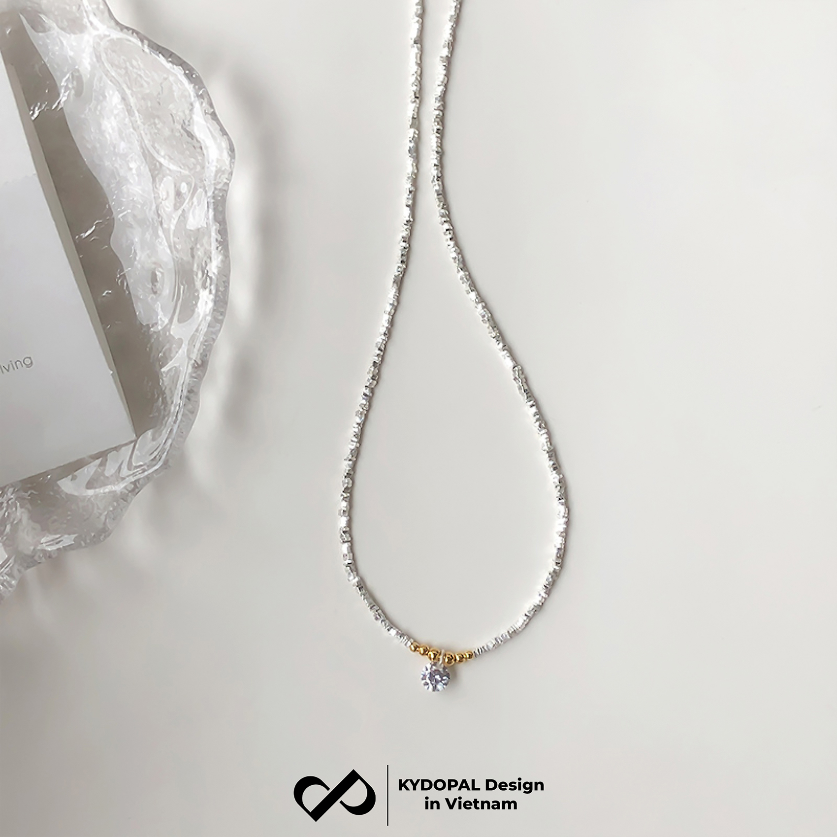 Dây chuyền bạc nữ KYDOPAL hạt bạc vỡ mix charm bi vàng treo đá 8mm sáng trang sức 925 - PAL9C3C37