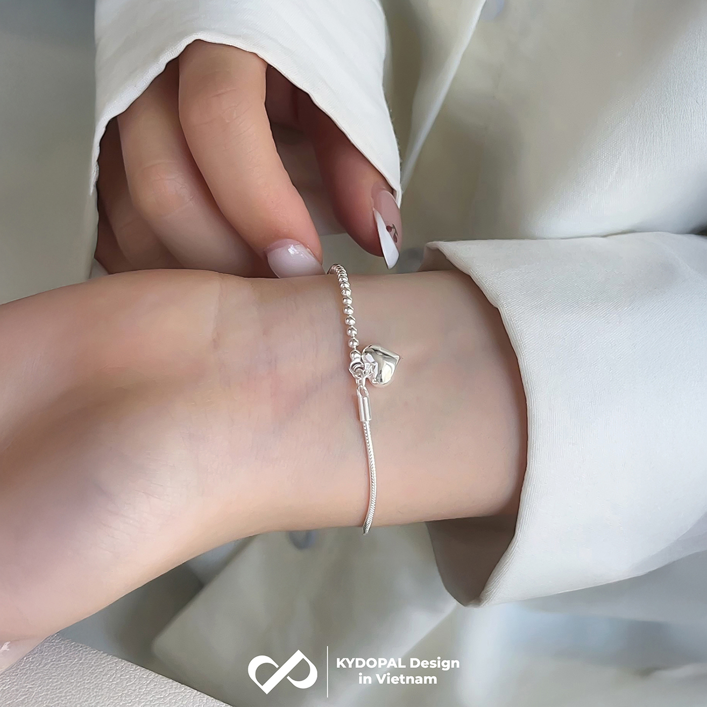 Lắc tay bạc nữ KYDOPAL vòng tay trái tim phồng treo dây mì bi chắc chắn trang sức 925 - PAL9C12L16