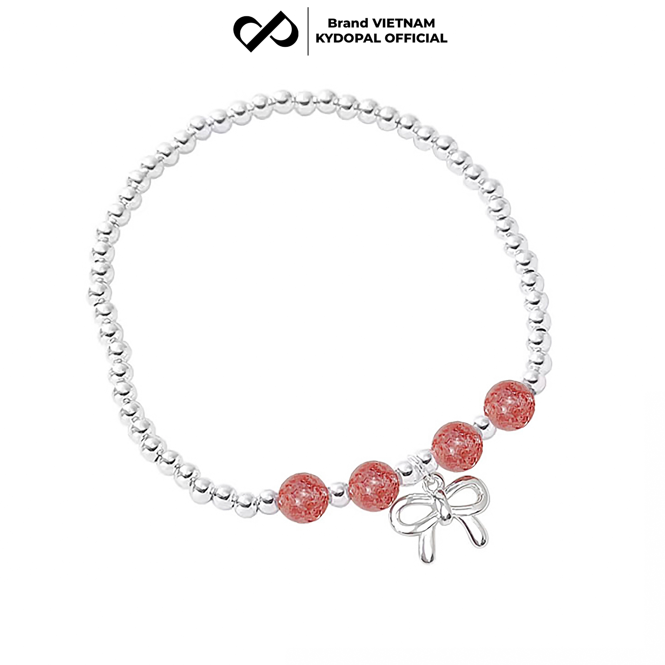 Lắc tay bạc nữ KYDOPAL bi bạc tròn charm nơ thắt trơn mix đá thạch anh dâu hồng đá phong thủy tự nhiên - PAL9C8L8