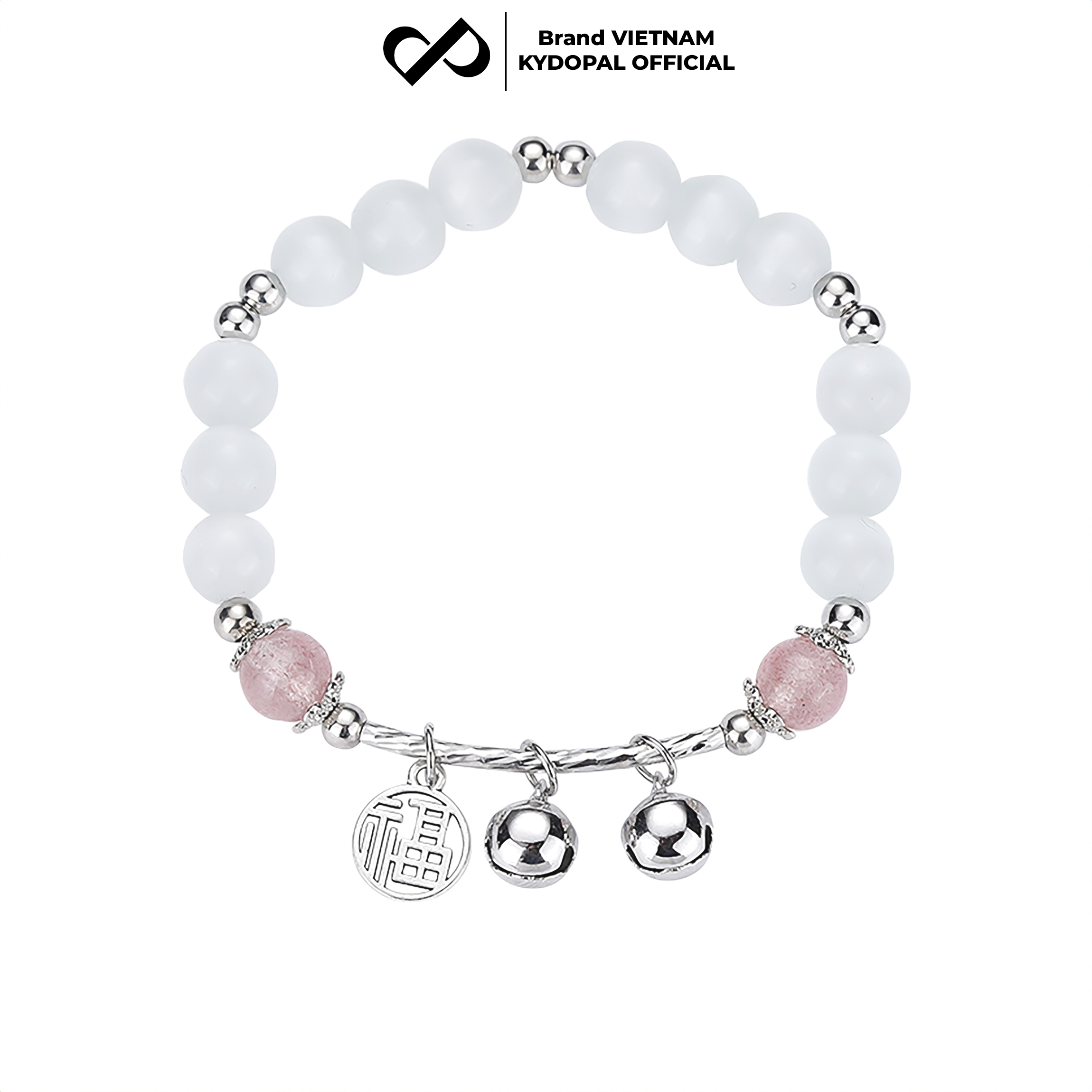 Lắc tay KYDOPAL đá mắt mèo 6mm cá tính thạch anh dâu hồng mix charm chuông đôi - PAL9C8L20