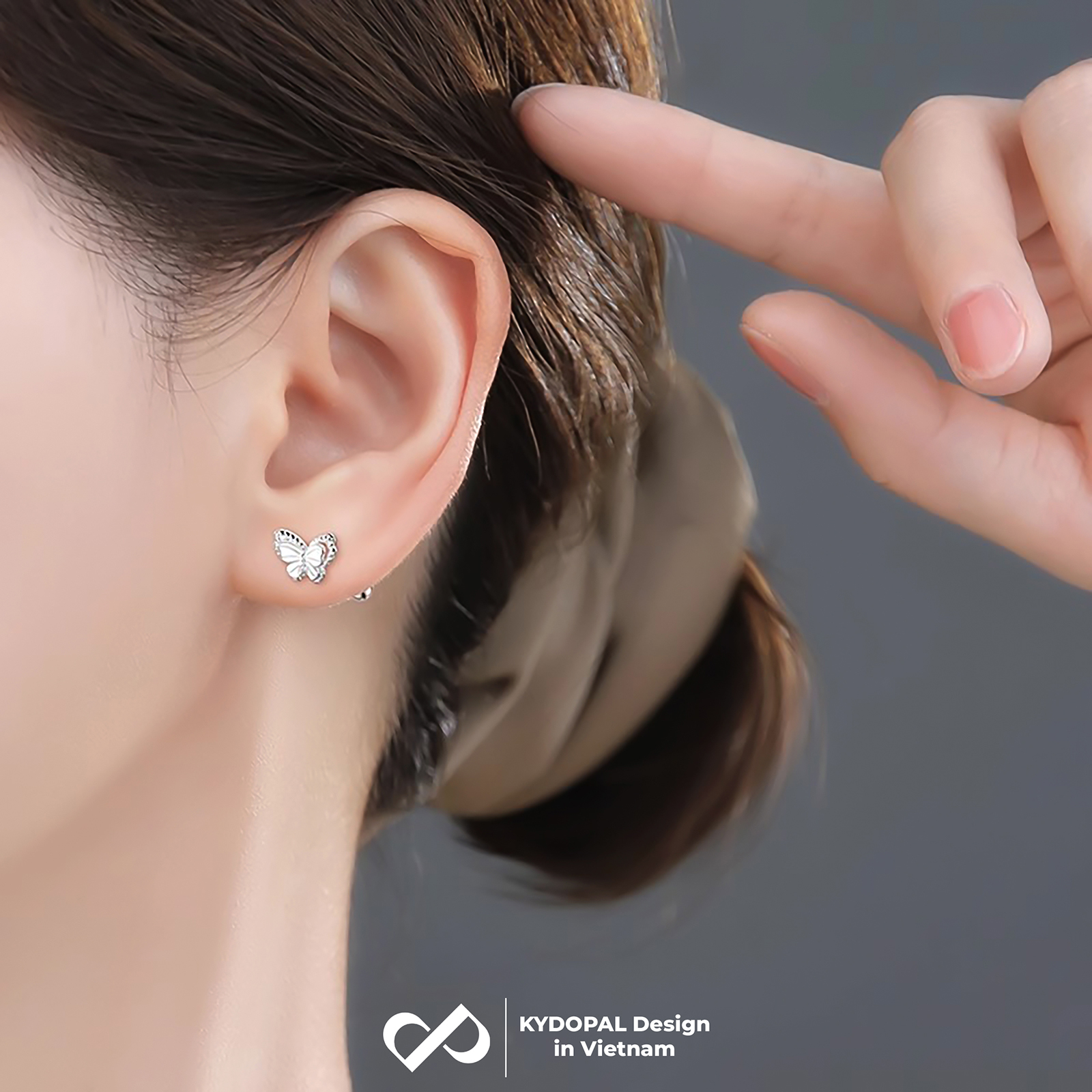 Khuyên tai bạc nữ KYDOPAL cánh hồ điệp đôi cách điệu viền hạt chốt ren bi xinh xắn - PAL9C11K2