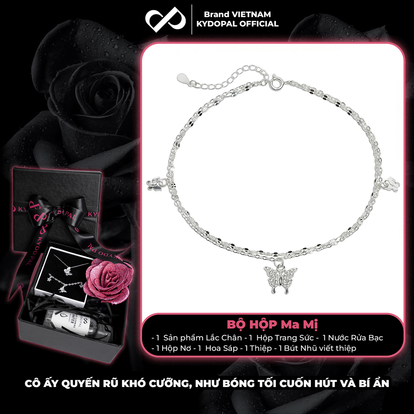 Lắc chân bạc nữ KYDOPAL dây kép hoa chặn treo charm hồ điệp đính đá dịu dàng, sang trọng - PAL9C8LC5