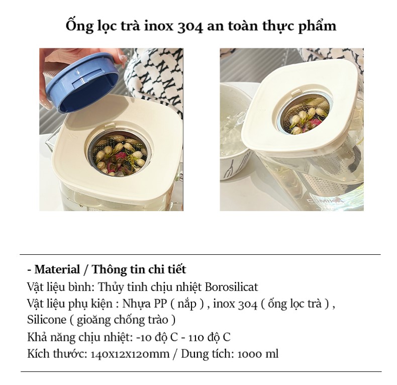 [Ảnh thật] [Có sẵn] [Chính hãng] ẤM ĐUN HÃM TRÀ THỦY TINH CHỊU NHIỆT COMIKA KÈM LÕI LỌC