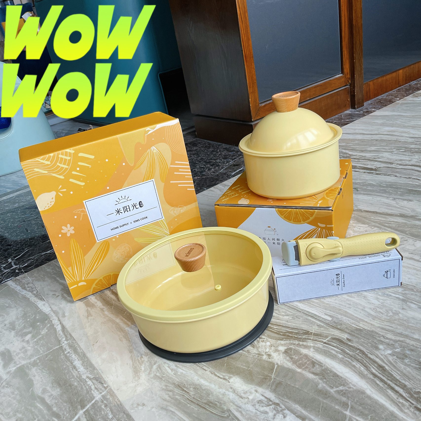 COMBO NỒI TRÁNG SỨ TAY RỜI KIMSCOOK MOONLIGHT VÀNG + XỬNG HẤP TRÚC