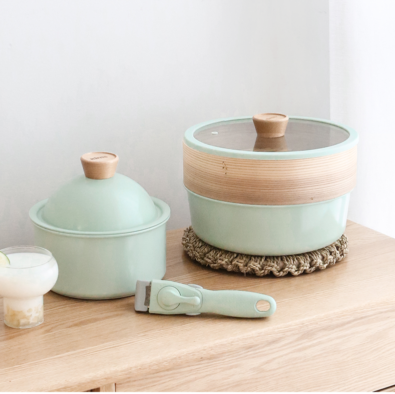 COMBO NỒI TRÁNG SỨ TAY RỜI KIMSCOOK MOONLIGHT XANH MINT + XỬNG HẤP TRÚC