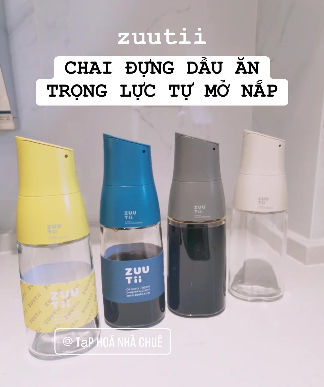 COMBO SET 4 BÌNH ĐỰNG DẦU ĂN TỰ MỞ NẮP THỦY TINH CAO CẤP ZUUTII