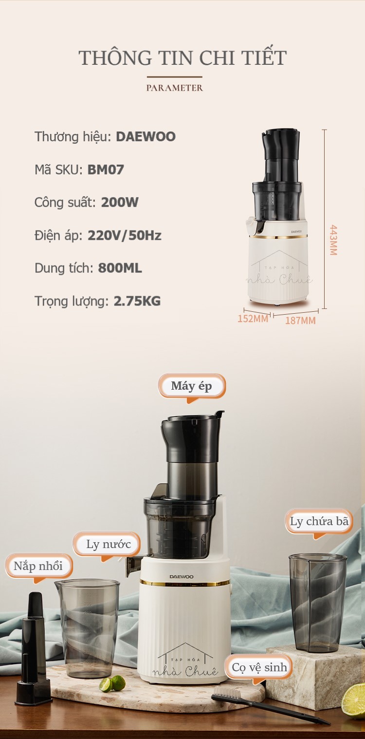 [Chính hãng] [Có bảo hành] [Có sẵn] MÁY ÉP CHẬM CỔ RỘNG HIỆU NĂNG CAO DAEWOO BM07