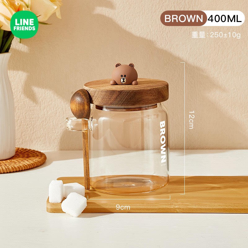 LỌ ĐỰNG HẠT CÀ PHÊ LỌ ĐỰNG ĐỒ KHÔ THUỶ TINH KÈM THÌA GỖ LINE's FRIENDS - BROWN