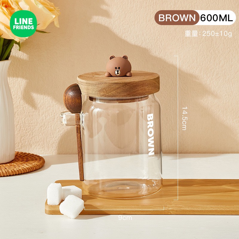 LỌ ĐỰNG HẠT CÀ PHÊ LỌ ĐỰNG ĐỒ KHÔ THUỶ TINH KÈM THÌA GỖ LINE's FRIENDS - BROWN