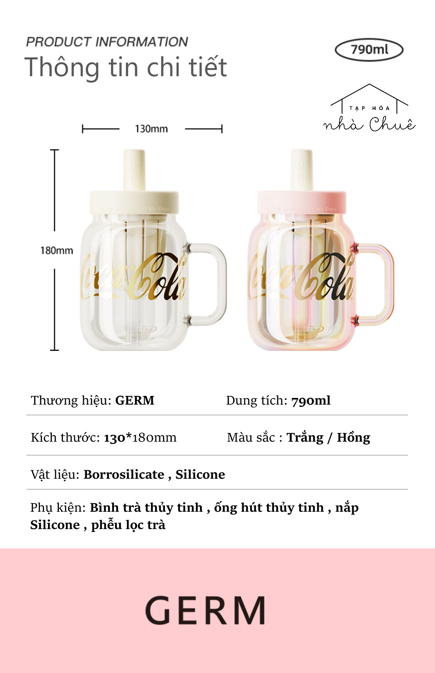 CỐC TRÀ THUỶ TINH CHỊU NHIỆT KÈM ỐNG HÚT CAO CẤP GERM