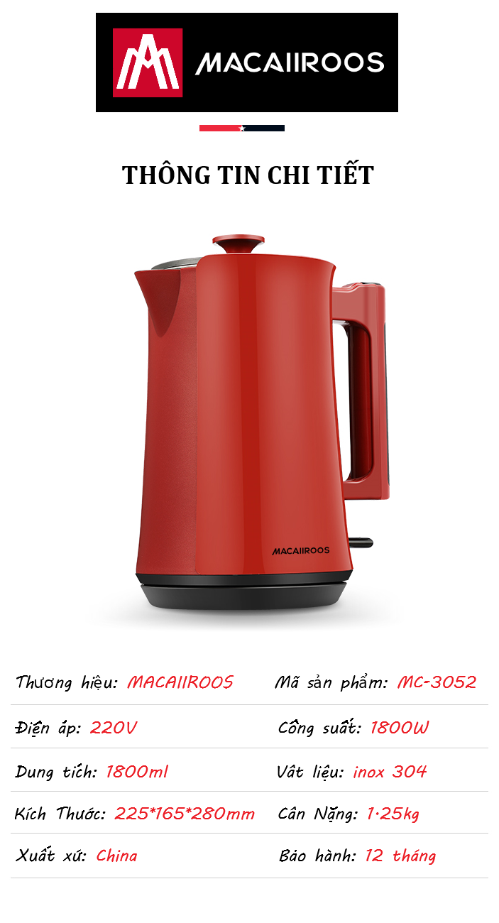 ẤM SIÊU TỐC GIỮ NHIỆT MACAIIROOS 1.8L