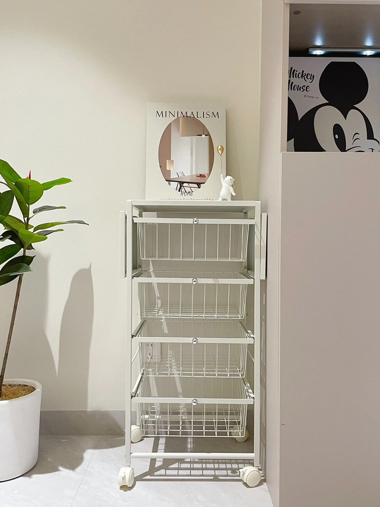 GIÁ SẮT DI ĐỘNG GIỎ KÉO 4 TẦNG MẶT THAO TÁC CÁNH MỞ