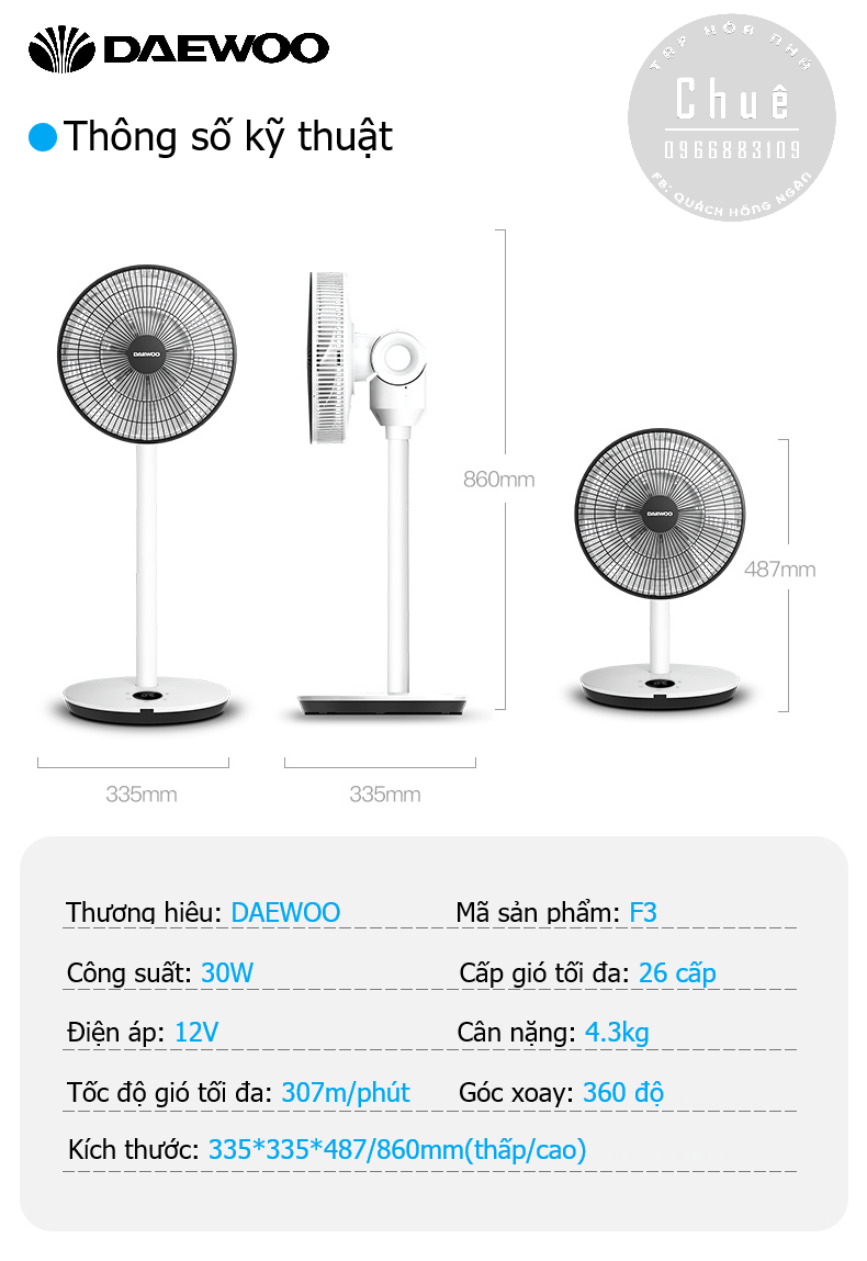 COMBO QUẠT DAEWOO F3 + PIN SẠC 4400mAh