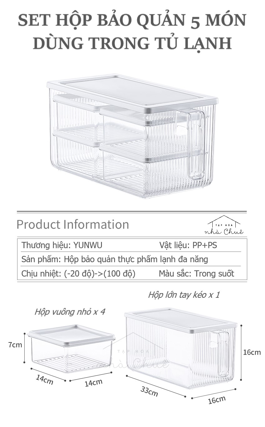 SET HỘP BẢO QUẢN THỰC PHẨM TỦ LẠNH 5 MÓN CÓ TAY KÉO