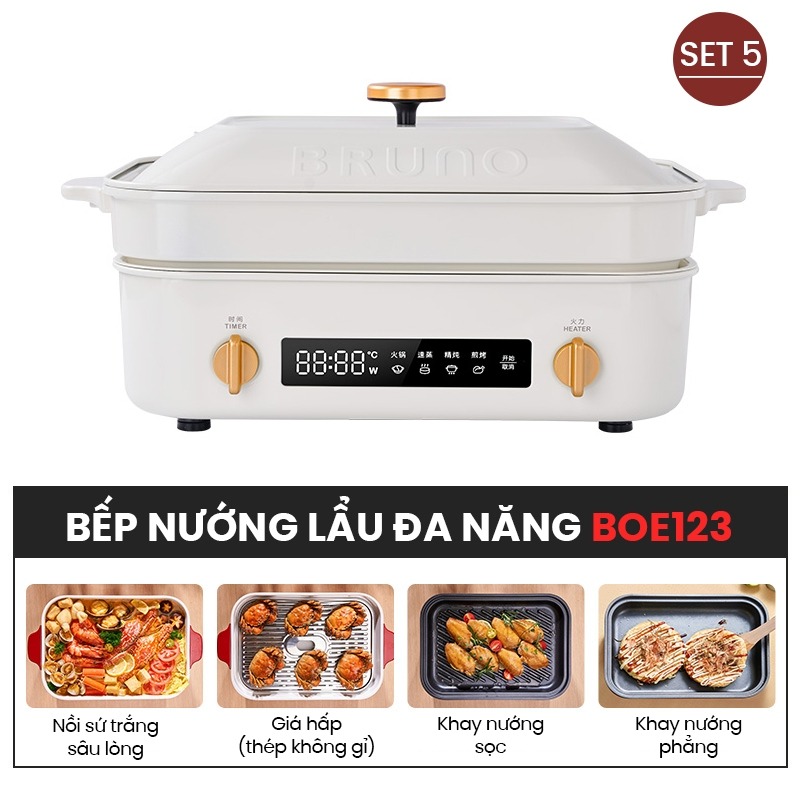 BẾP LẨU NƯỚNG ĐA NĂNG BRUNO DIGITAL 2.0 BOE123 [COMBO SET5 - TRẮNG]