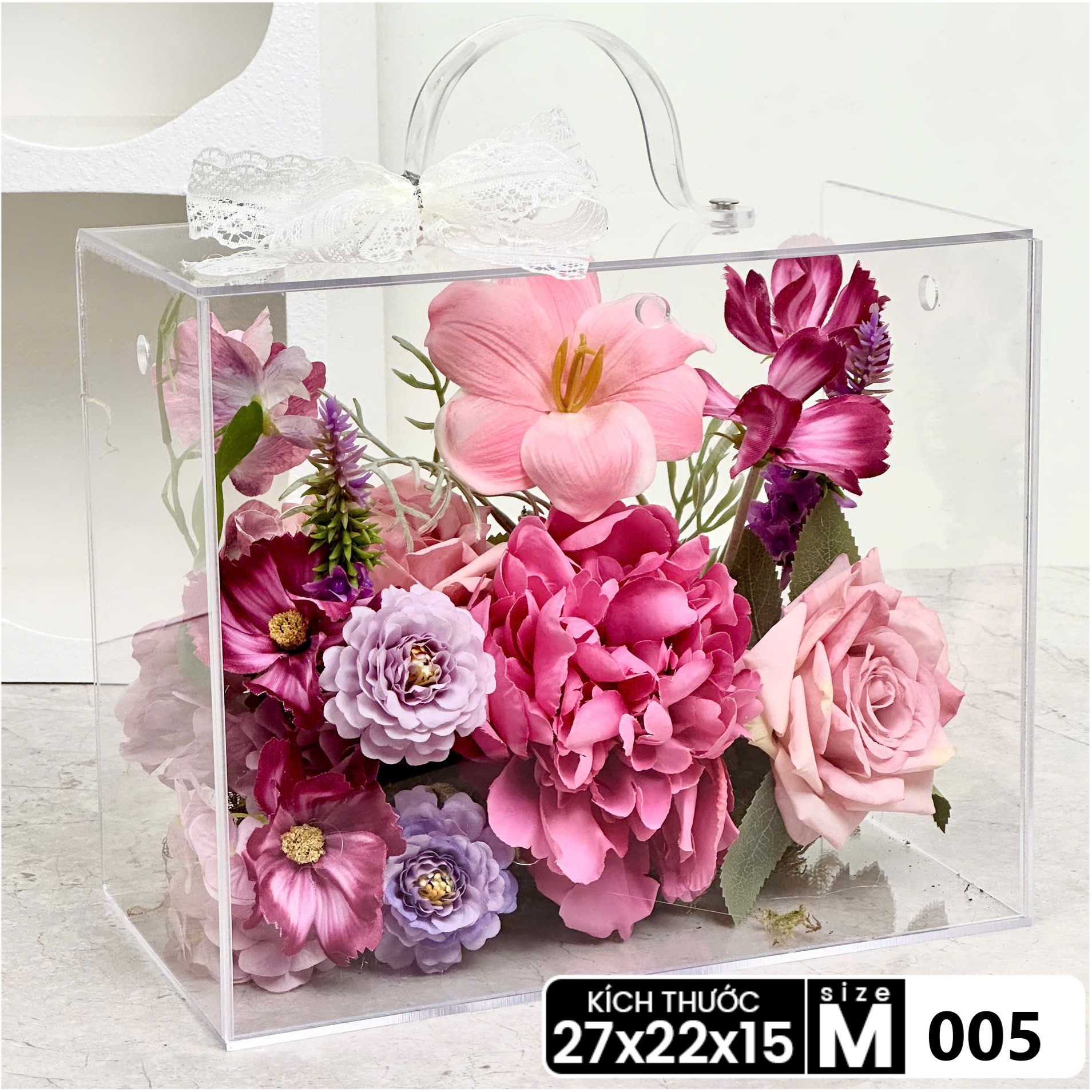 [QUÀ TẶNG] Hộp hoa lụa trong suốt nghệ thuật quà tặng thiết kế thủ công cao cấp