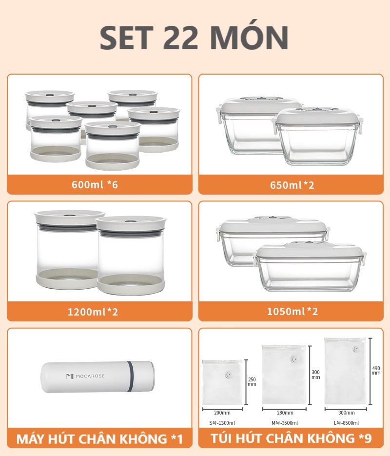 SET HỘP BẢO QUẢN CHÂN KHÔNG KÈM MÁY HÚT KHÔNG DÂY MOCAROSE