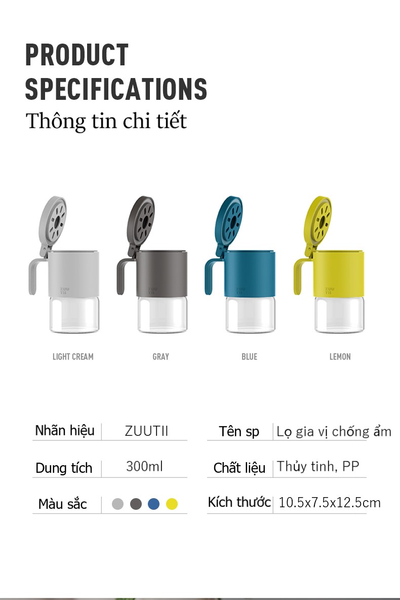 HŨ ĐỰNG GIA VỊ THỦY TINH CHỐNG ẨM CAO CẤP ZUUTII 300ML