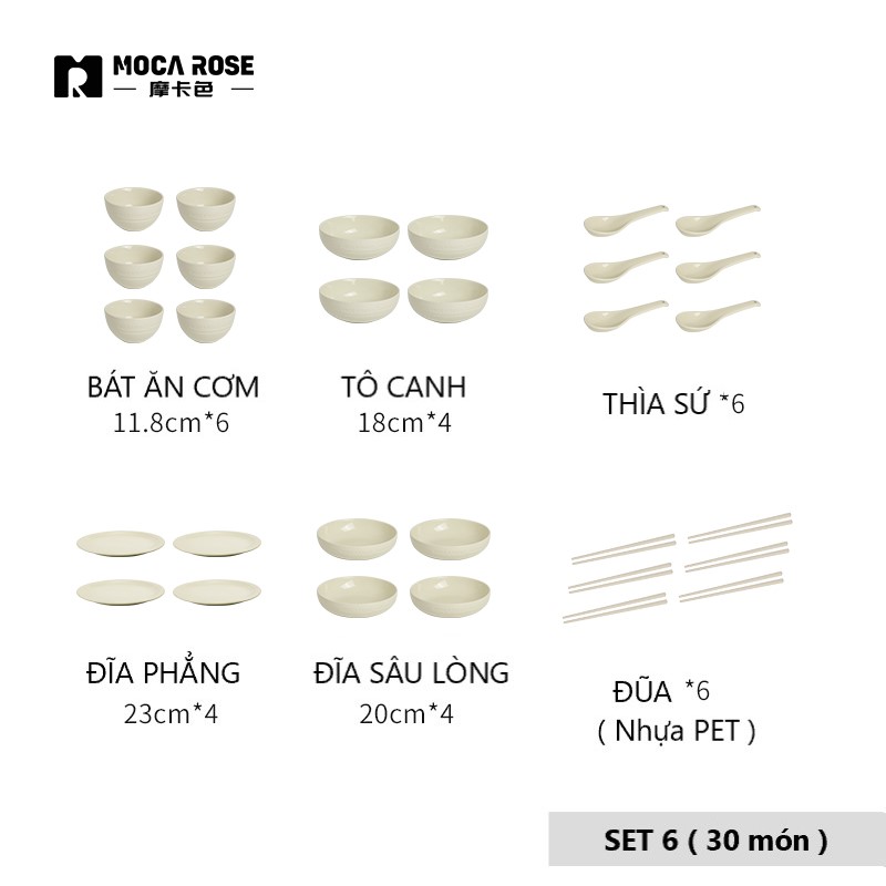 BỘ BÁT ĐĨA THẠCH SỨ TRÁNG MEN CAO CẤP MOCAROSE