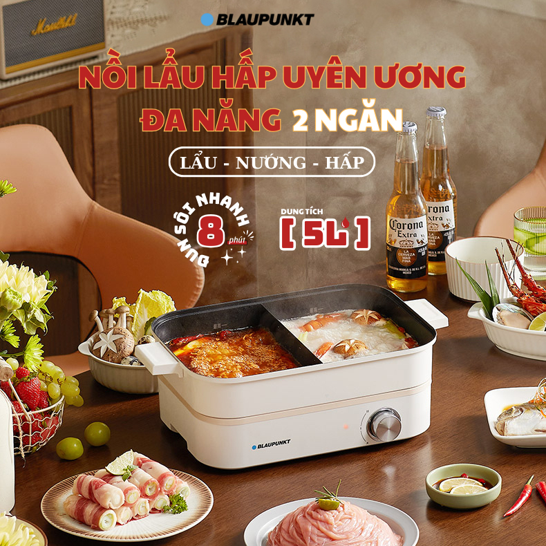 [Có sẵn] [Ảnh thật] [Chính hãng] NỒI LẨU HẤP ĐA NĂNG UYÊN ƯƠNG 2 NGĂN 5L BLAUPUNKT