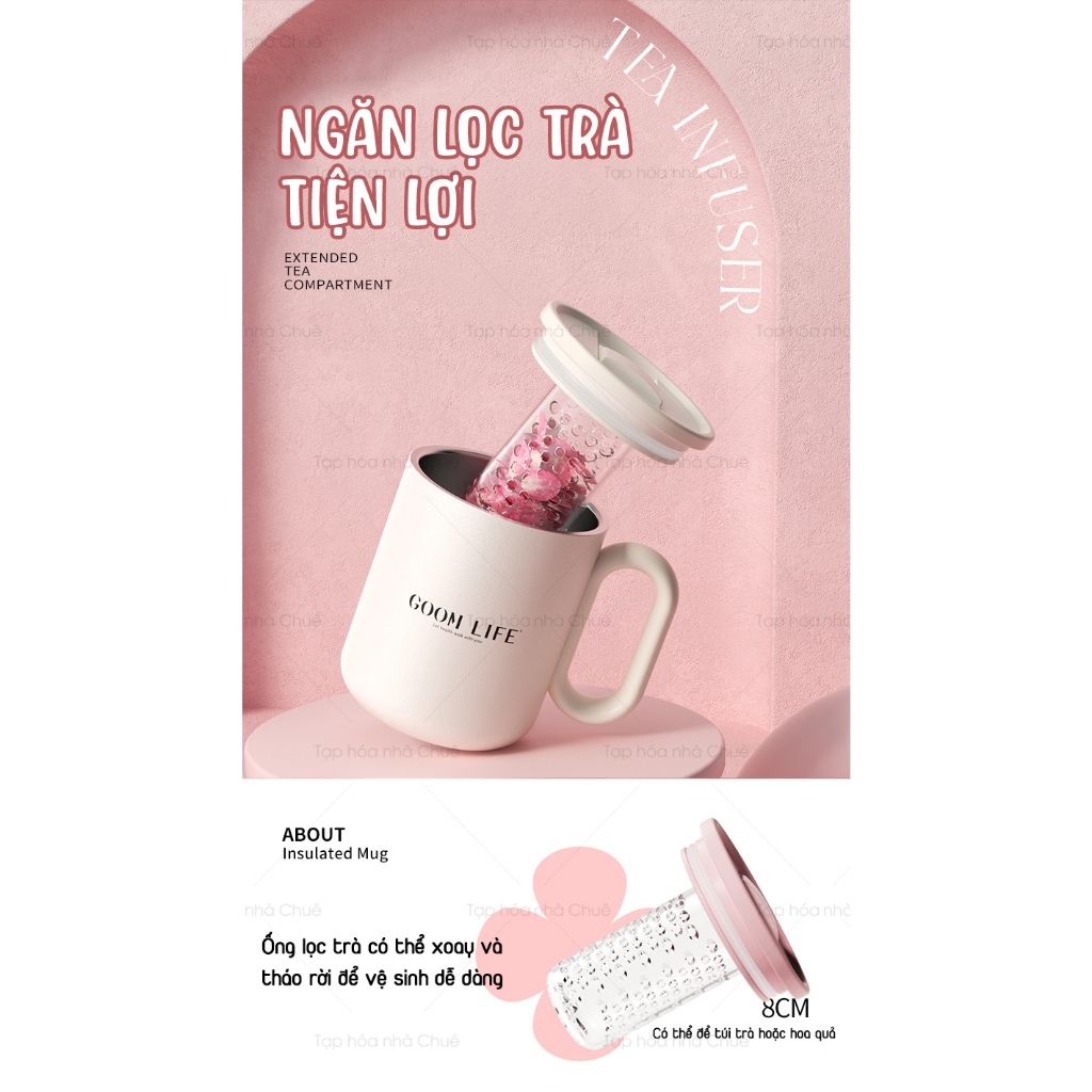 CỐC GIỮ NHIỆT CÓ QUAI CẦM TÍCH HỢP ỐNG LỌC TRÀ LÕI THÉP KHÔNG GỈ 316L CAO CẤP GOOM