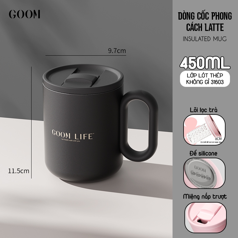 CỐC GIỮ NHIỆT CÓ QUAI CẦM TÍCH HỢP ỐNG LỌC TRÀ LÕI THÉP KHÔNG GỈ 316L CAO CẤP GOOM