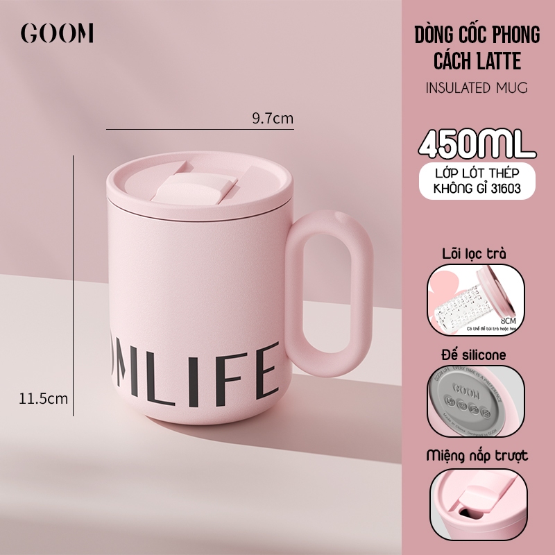 CỐC GIỮ NHIỆT CÓ QUAI CẦM TÍCH HỢP ỐNG LỌC TRÀ LÕI THÉP KHÔNG GỈ 316L CAO CẤP GOOM