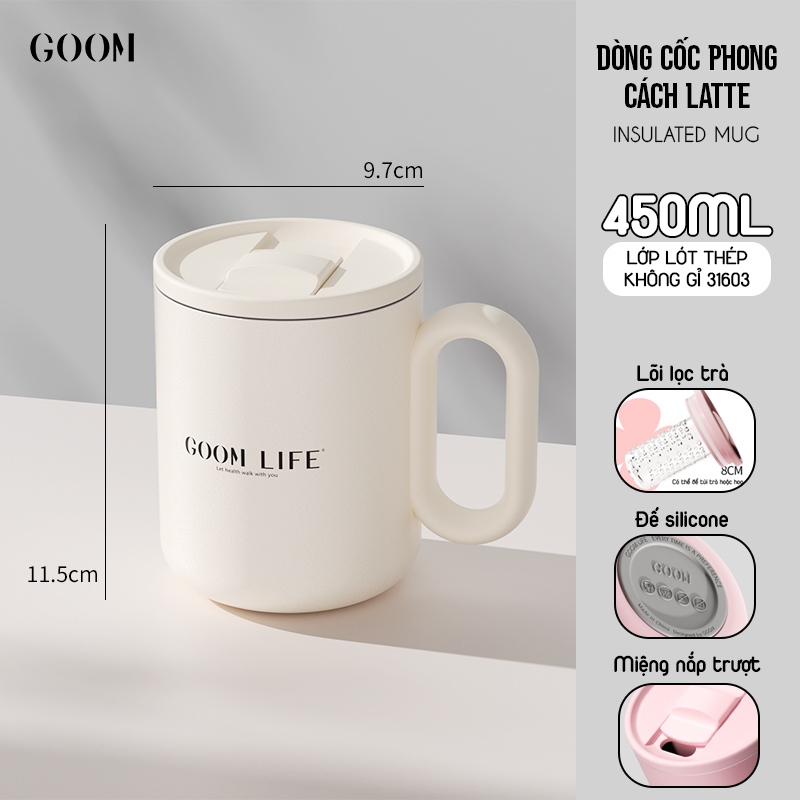 CỐC GIỮ NHIỆT CÓ QUAI CẦM TÍCH HỢP ỐNG LỌC TRÀ LÕI THÉP KHÔNG GỈ 316L CAO CẤP GOOM