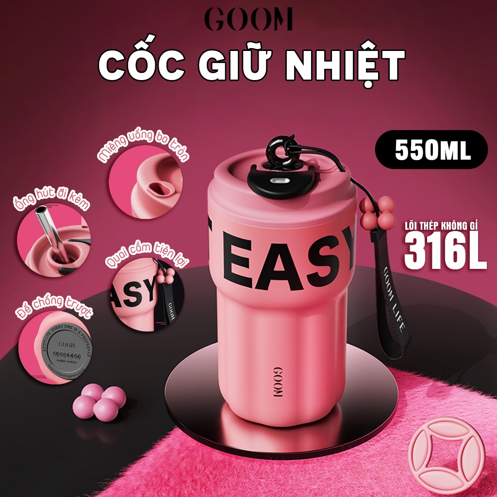 CỐC GIỮ NHIỆT KÈM ỐNG HÚT THÉP KHÔNG GỈ 316L CAO CẤP GOOM