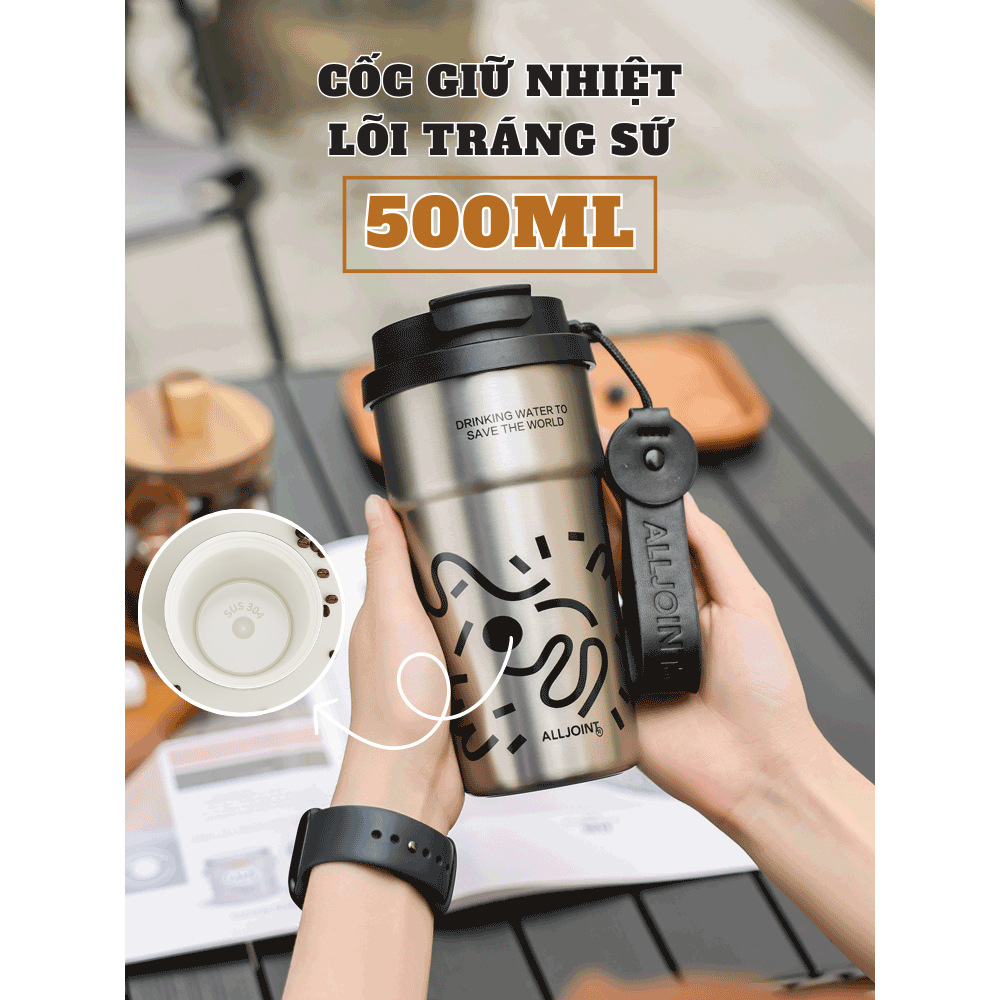 CỐC GIỮ NHIỆT LÕI TRÁNG SỨ CAO CẤP CÓ QUAI XÁCH ALLJOINT 500ML