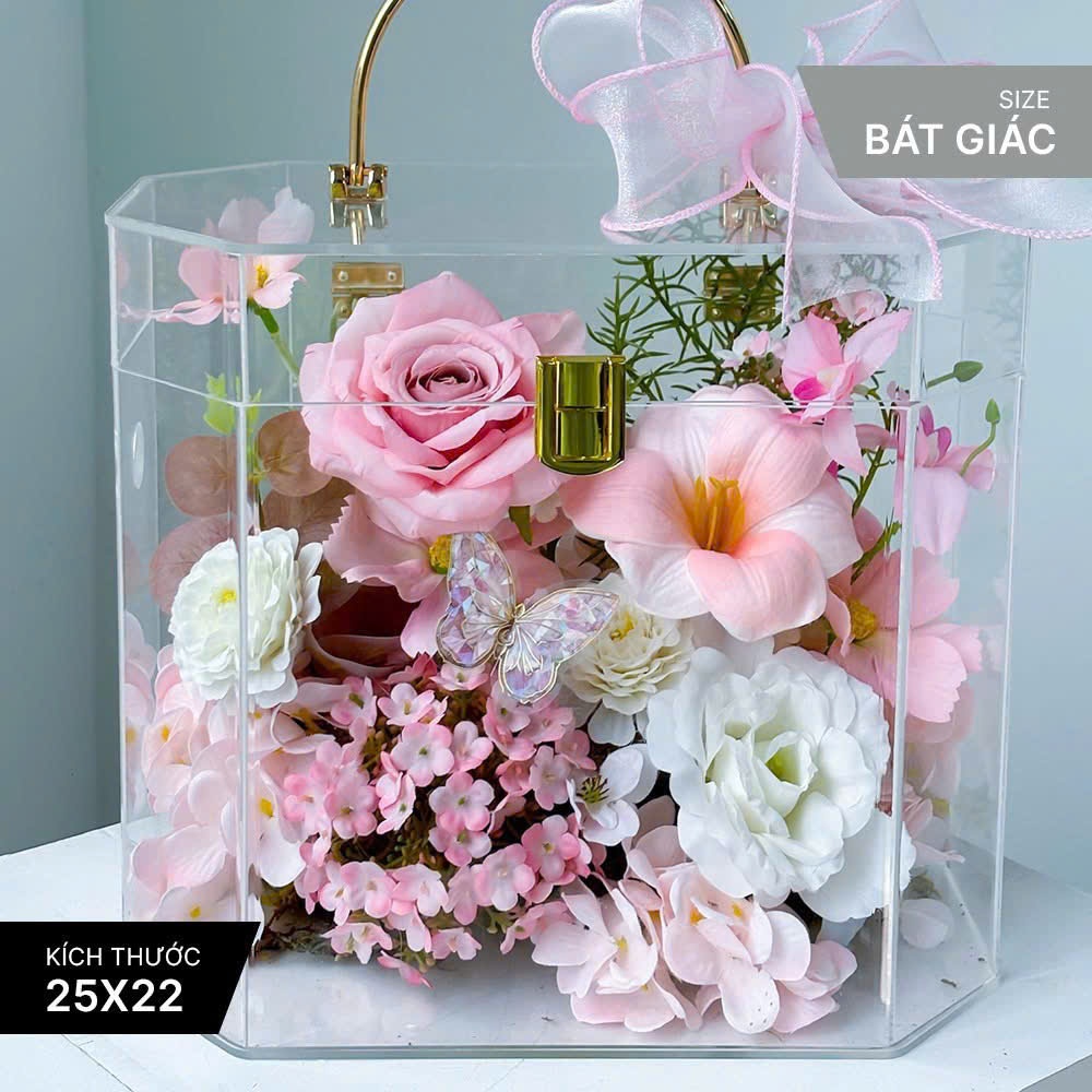 [QUÀ TẶNG] Hộp hoa lụa trong suốt nghệ thuật quà tặng thiết kế thủ công cao cấp
