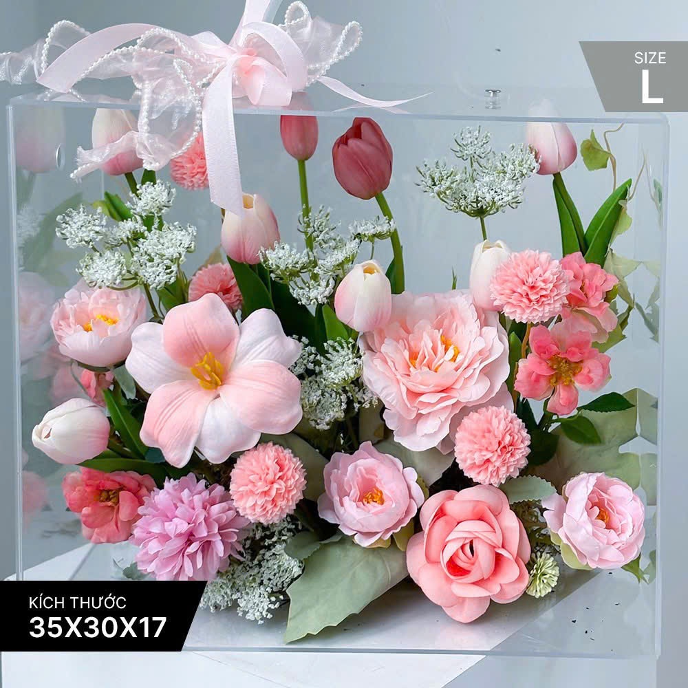 [QUÀ TẶNG] Hộp hoa lụa trong suốt nghệ thuật quà tặng thiết kế thủ công cao cấp