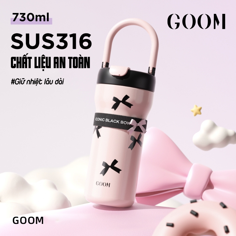 BÌNH GIỮ NHIỆT GOOM 730ML ARTIS QUAI XÁCH ĐÍNH NƠ DỄ THƯƠNG KHE UỐNG LỚN