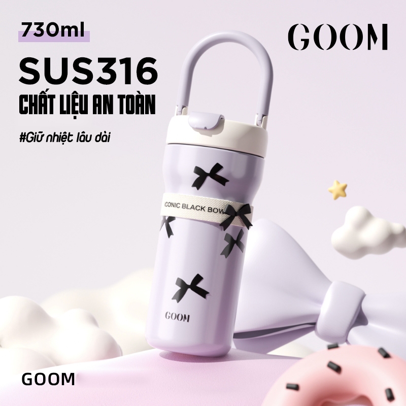 BÌNH GIỮ NHIỆT GOOM 730ML ARTIS QUAI XÁCH ĐÍNH NƠ DỄ THƯƠNG KHE UỐNG LỚN