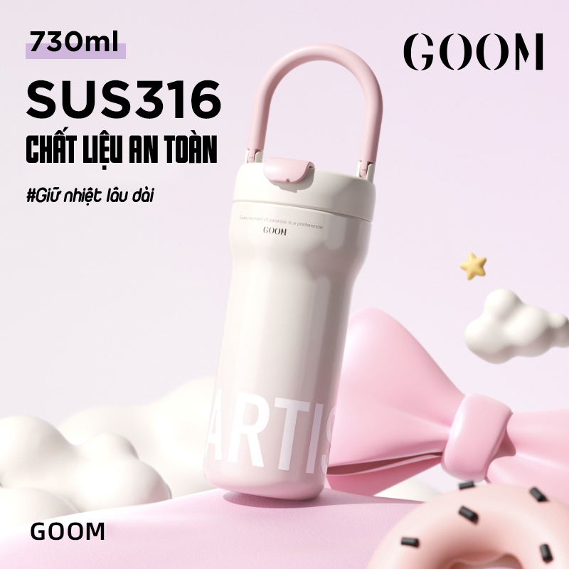 BÌNH GIỮ NHIỆT GOOM 730ML ARTIS QUAI XÁCH ĐÍNH NƠ DỄ THƯƠNG KHE UỐNG LỚN