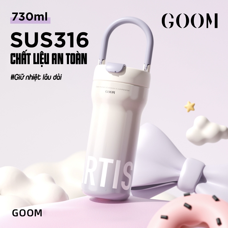 BÌNH GIỮ NHIỆT GOOM 730ML ARTIS QUAI XÁCH ĐÍNH NƠ DỄ THƯƠNG KHE UỐNG LỚN