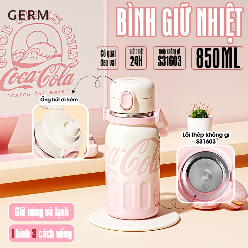 BÌNH GIỮ NHIỆT CAO CẤP INOX316L GIỮ NHIỆT 24H CHÍNH HÃNG GERM x COCACOLA KÈM ỐNG HÚT HỘP NGÂM TRÀ 850ML