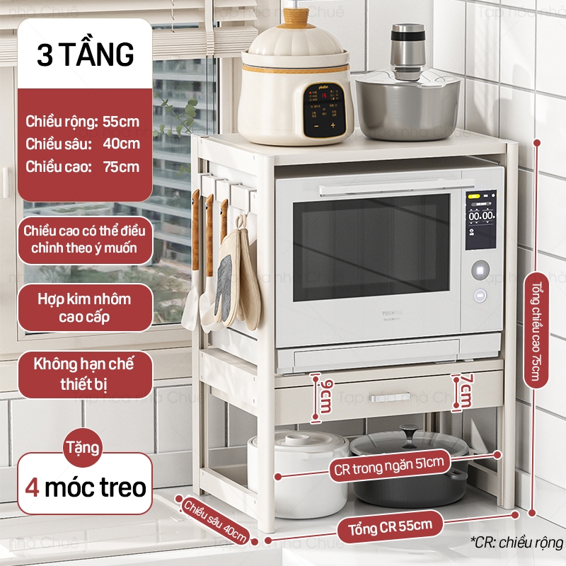 KỆ LÒ NƯỚNG KỆ BẾP ĐA NĂNG CÓ NGĂN KÉO LƯU TRỮ CHIỀU CAO TÙY CHỈNH LINH HOẠT KỆ BẾP 2 TẦNG Trắng-3T-R50 Sâu 40cm
